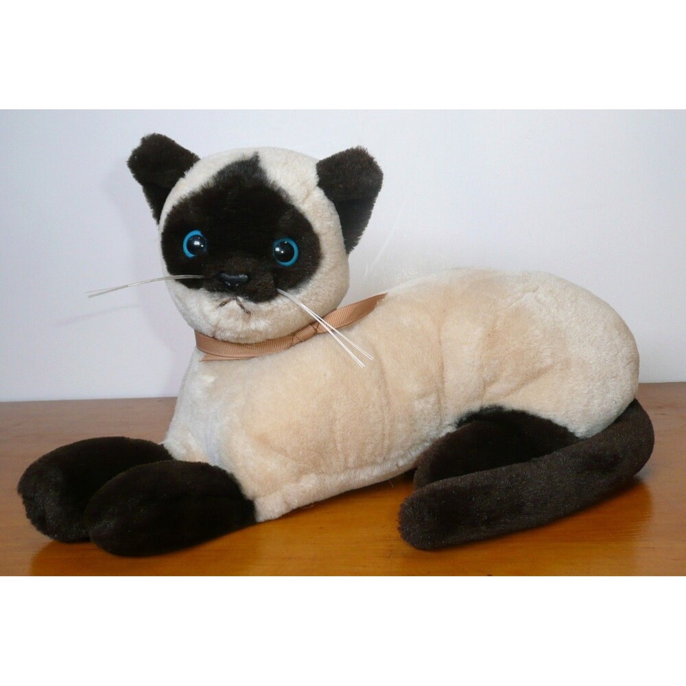 Dakin Siamese Cat VTG 1973 Stuffed Animal Stiff Plush Laying Down Blue Eyes 11”